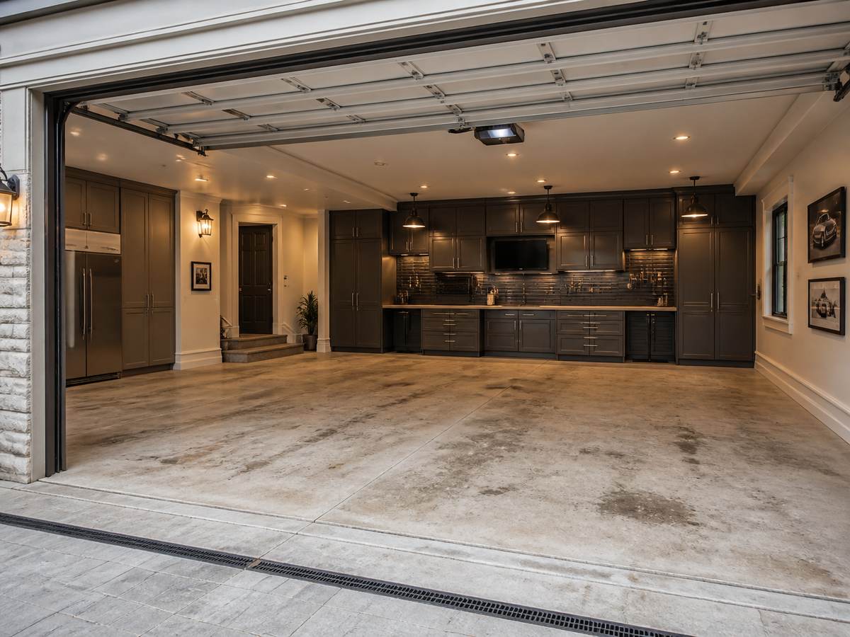 Bare concrete garage floor before epoxy coating